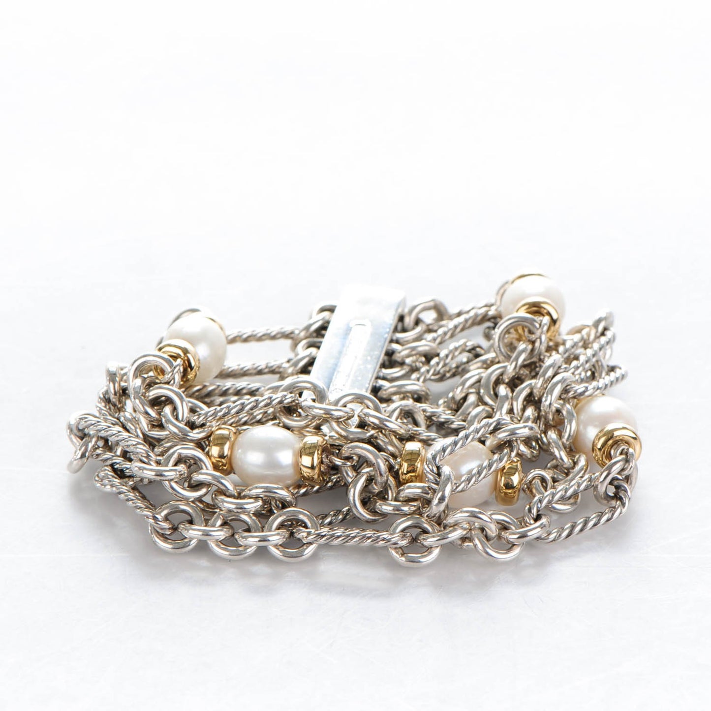 Sterling Silver 18K Yellow Gold Pearl 10mm Four-Row Chain Bracelet