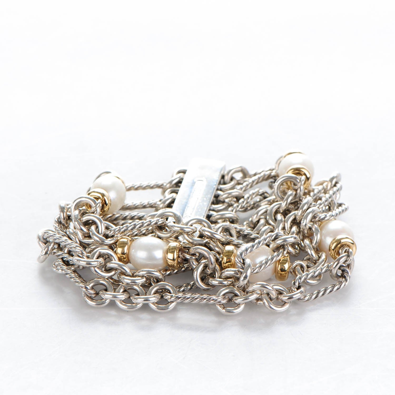 David Yurman Sterling Silver 18K Yellow Gold Pearl 10mm Four-Row Chain Bracelet 5 of 5