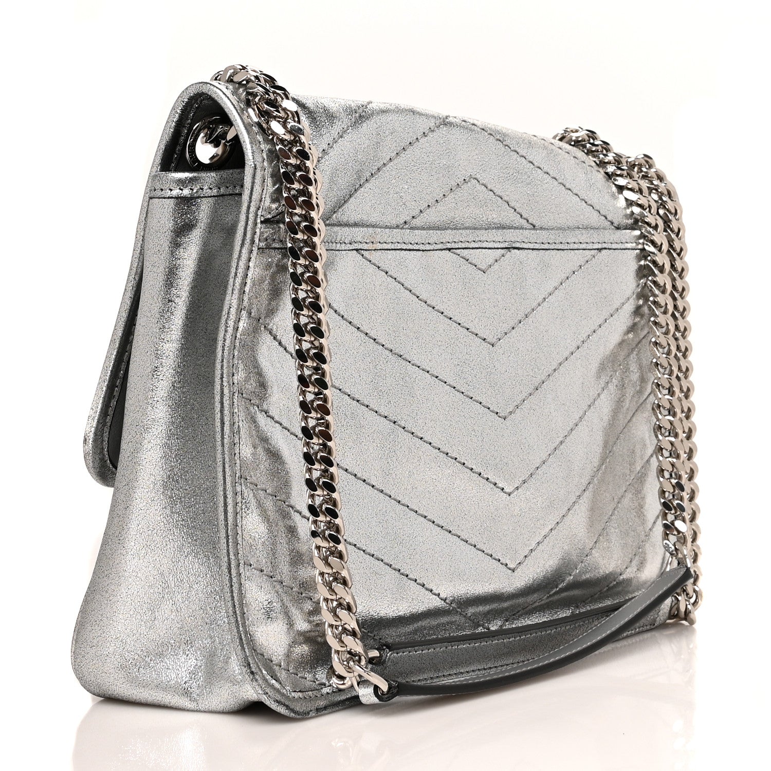 Saint Laurent Metallic Lambskin Matelasse Monogram Medium Niki Chain Satchel Argento 3 of 10