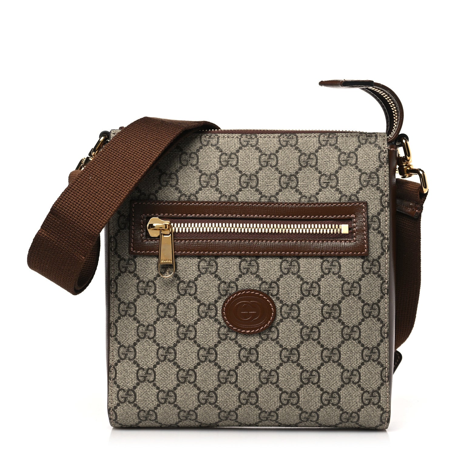 Gucci GG Supreme Monogram Azalea Calfskin Retro Interlocking G Flat Messenger Bag Beige Ebony Brown Sugar 1 of 9