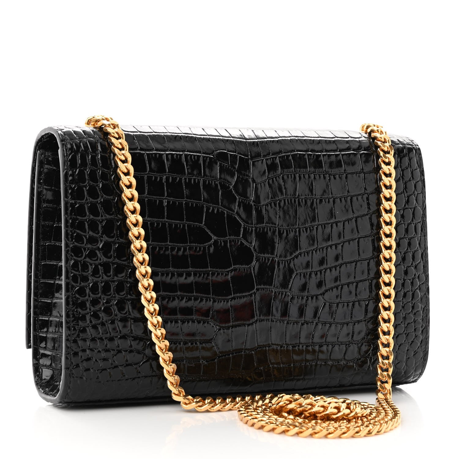 Saint Laurent Calfskin Crocodile Embossed Small Classic Monogram Kate Tassel Satchel Black 3 of 10