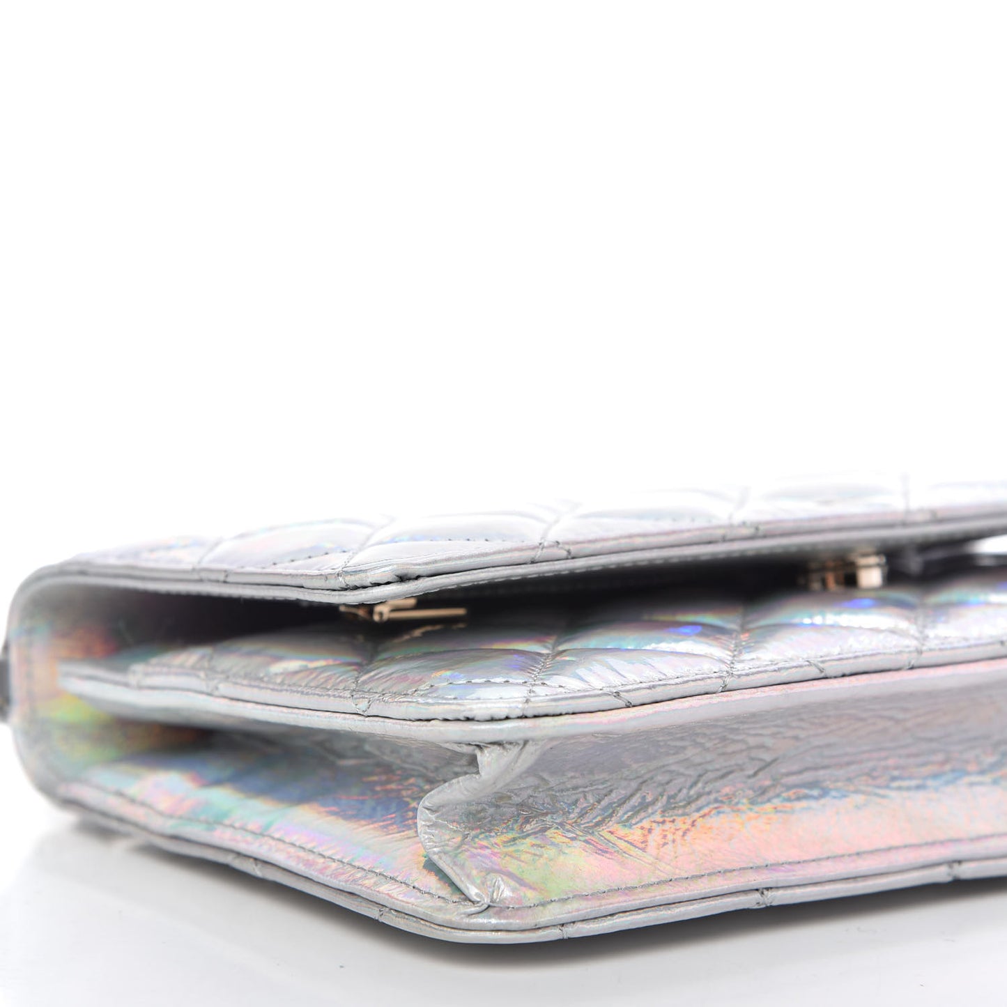 Iridescent Goatskin Quilted Wallet On Chain WOC Silver