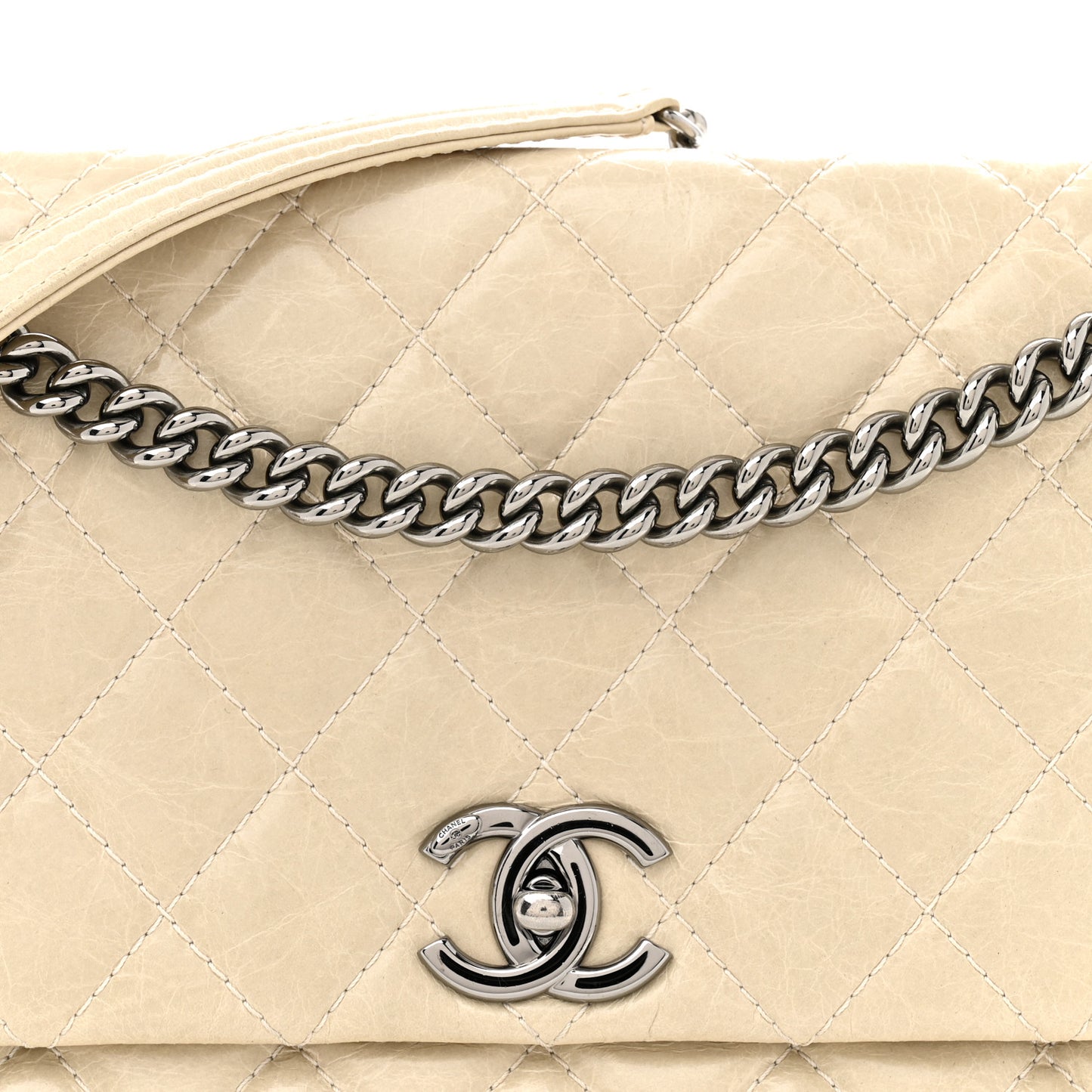 Glazed Calfskin Quilted Medium Lady Pearly Flap Light Beige