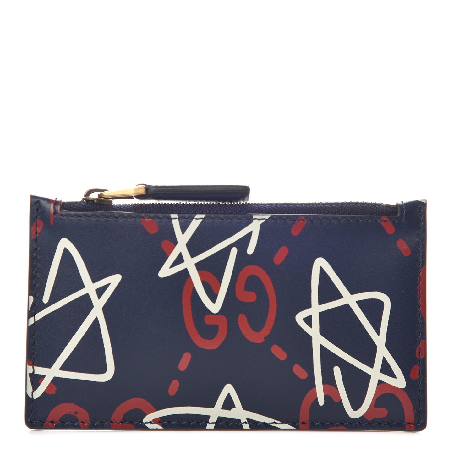Calfskin GucciGhost Coin Case Card Holder Blue Agata Hibiscus Red