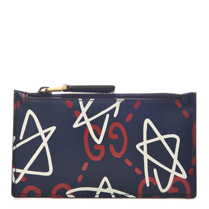 Gucci Calfskin GucciGhost Coin Case Card Holder Blue Agata Hibiscus Red 1 of 8