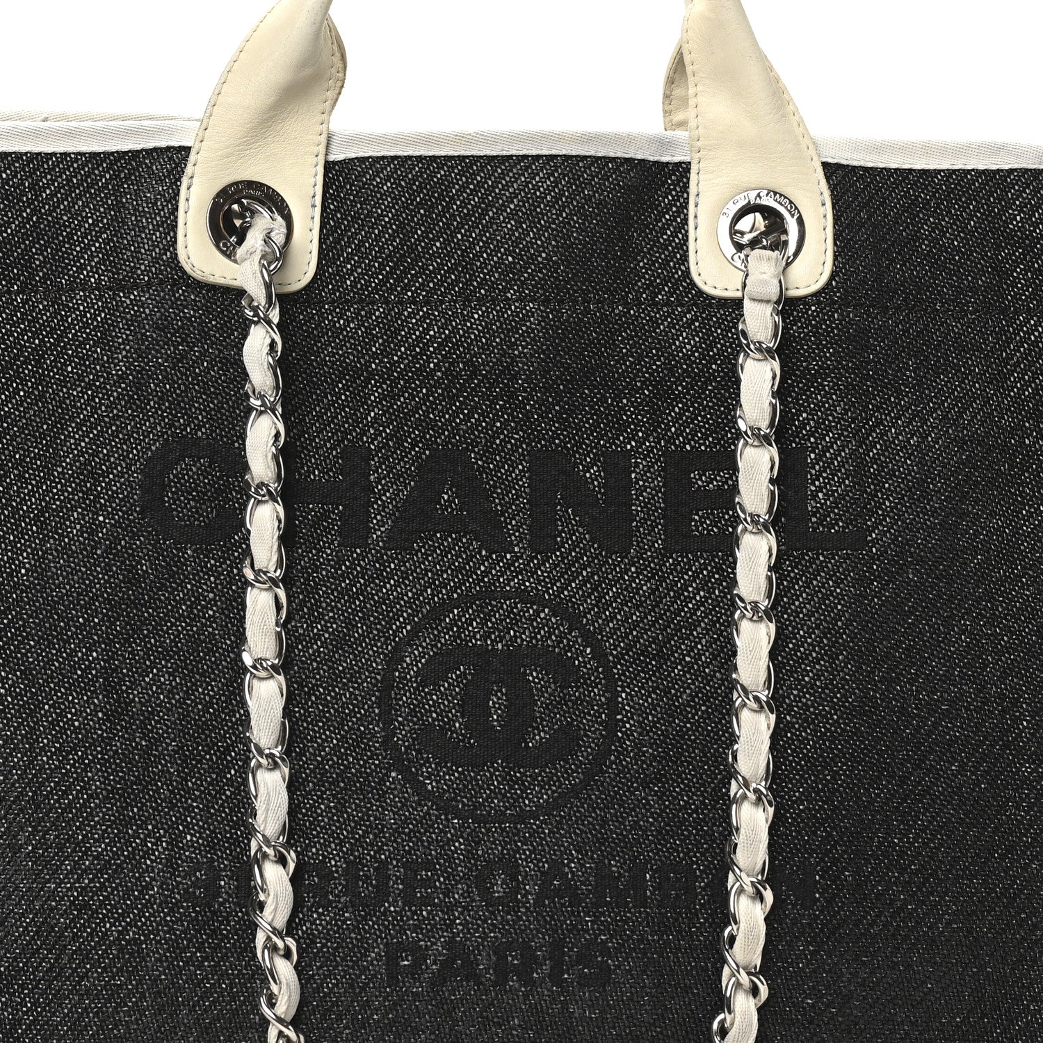 Chanel Woven Straw Raffia Large Deauville Tote Black White 8 of 11