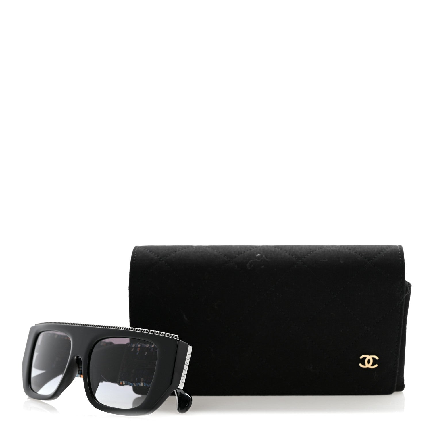 Chanel Acetate Tweed Diamanté Chain CC Rectangle Sunglasses 71549A Black Multicolor 9 of 9