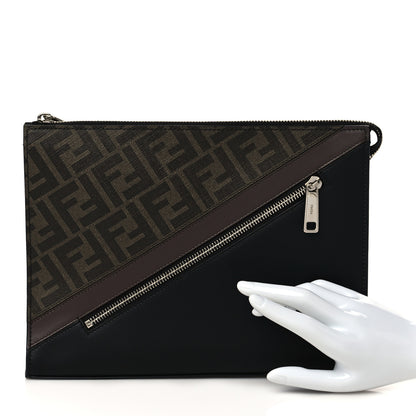Fendi Glazed Fabric Vitello Liberty FF 1974 Diagonal Pouch Tobacco Moresco Black 2 of 7