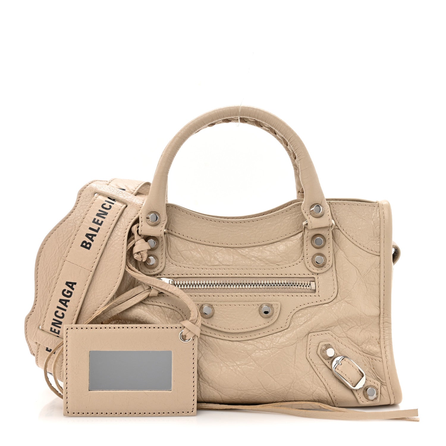 Balenciaga Agneau Classic Silver Hardware Mini City Logo Strap Light Beige Black 1 of 10