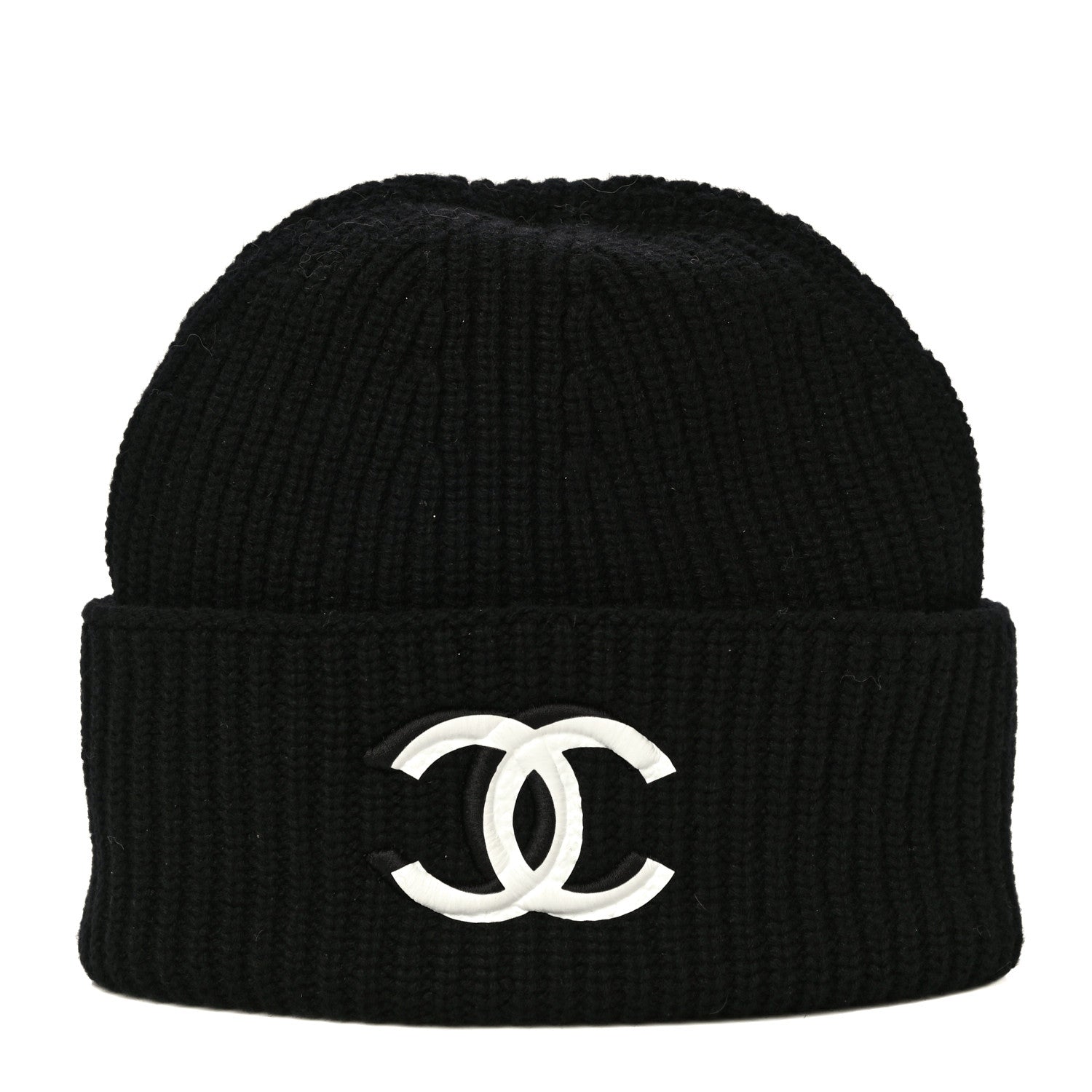 Chanel Wool Cashmere CC Beanie Hat Black White 1 of 10