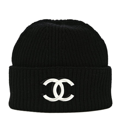 Chanel Wool Cashmere CC Beanie Hat Black White 1 of 10