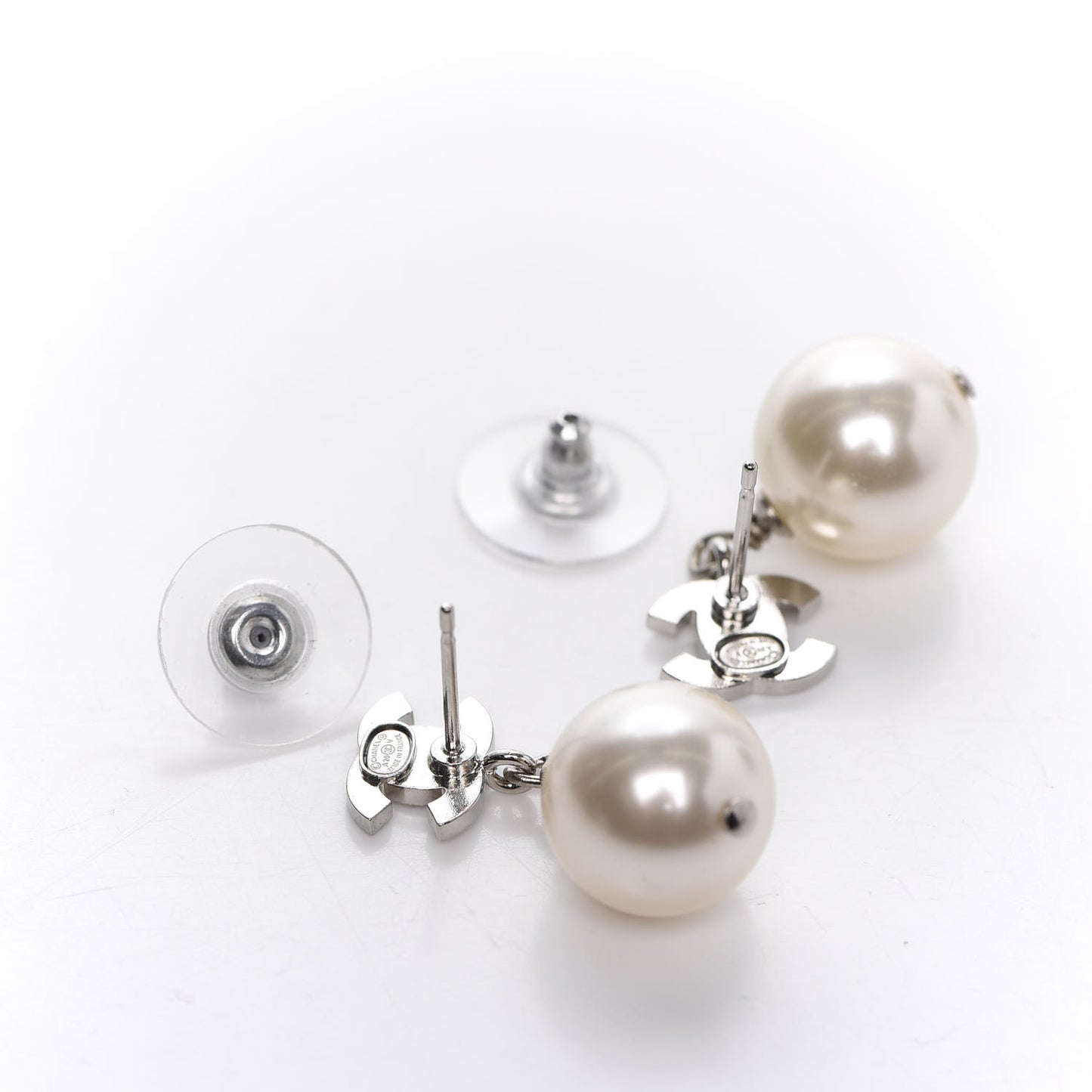 Crystal Pearl CC Drop Earrings Silver