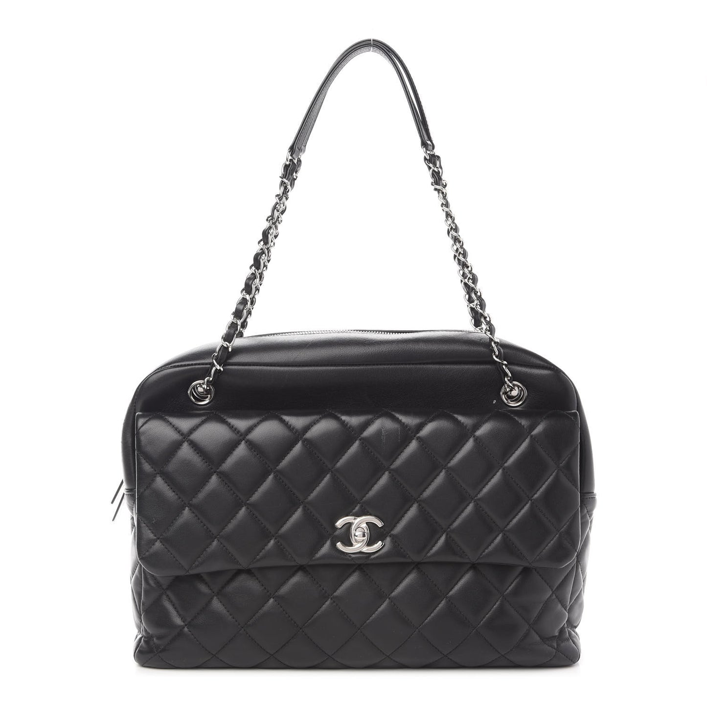 Lambskin Quilted Bowler Flap Shoulder Bag Black