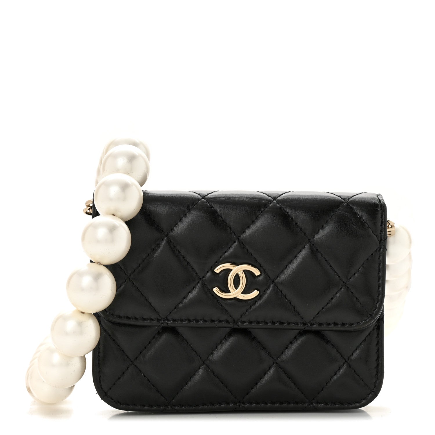 Chanel Calfskin Quilted Maxi Pearls Card Holder Flap With Chain Black 1 of 11