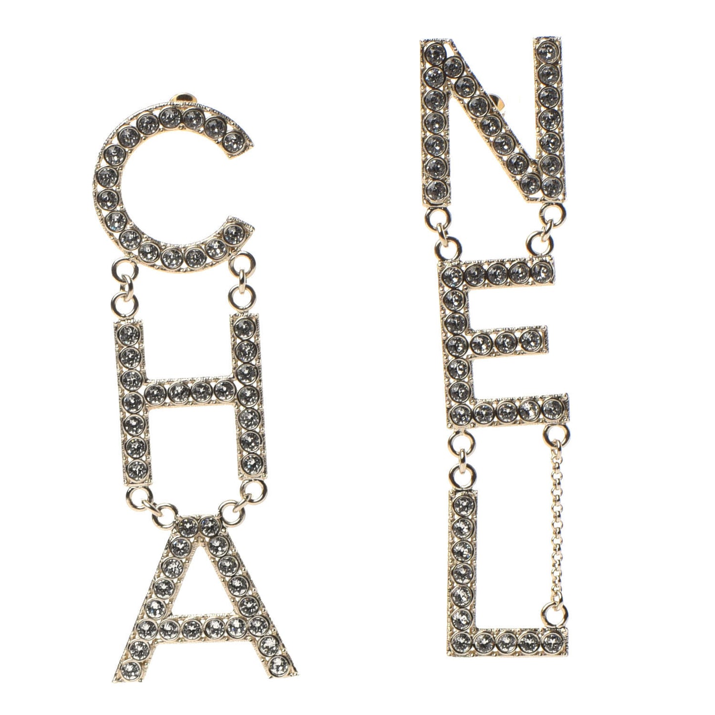 Crystal Cha-Nel Logo Drop Earrings Gold