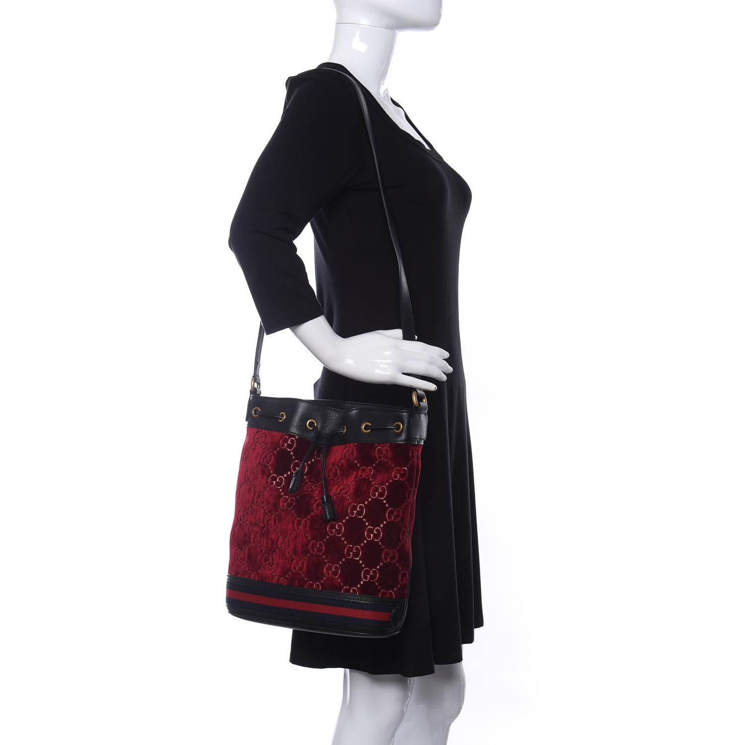 Gucci Velvet GG Monogram Textured Calfskin Web Bucket Bag Red Cipria Black 2 of 10