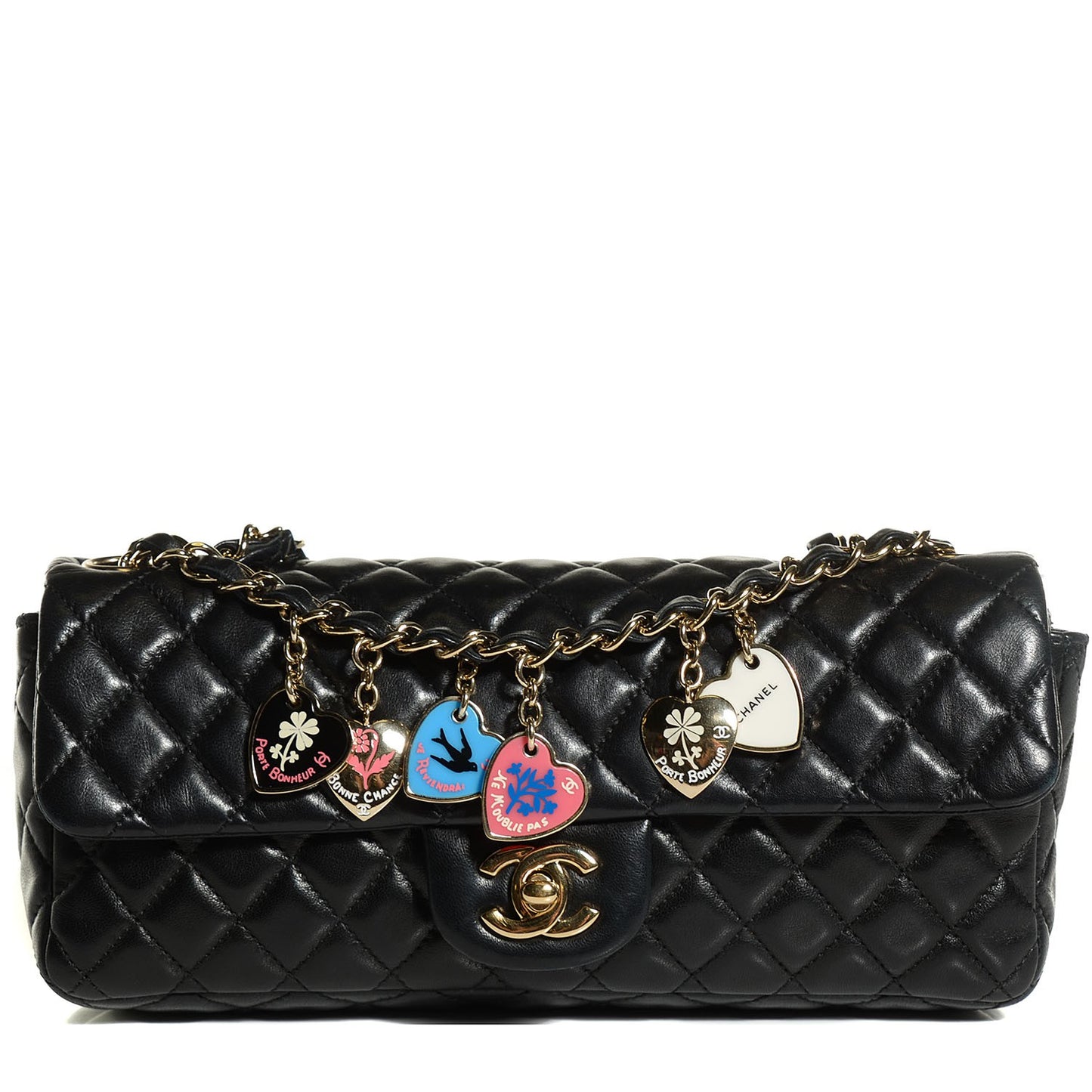 Lambskin Quilted East West Valentine Charms Flap Black