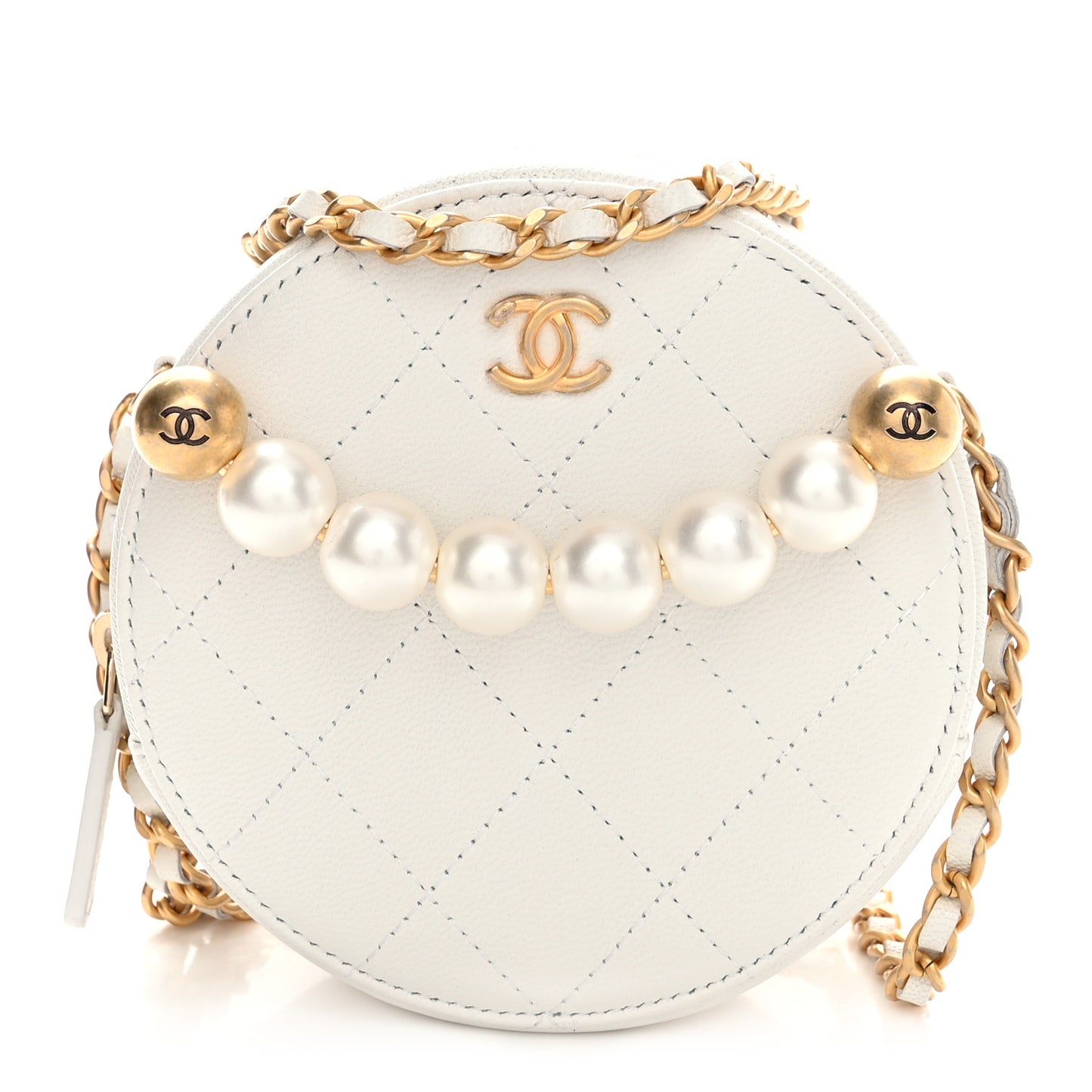 Lambskin Quilted Pearl Round Clutch With Chain White