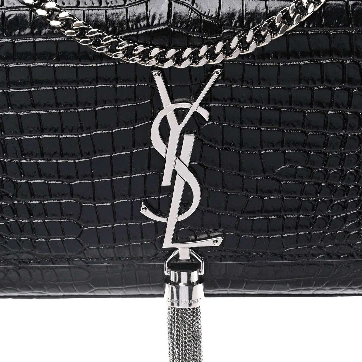 Calfskin Crocodile Embossed Small Classic Monogram Kate Tassel Satchel Black