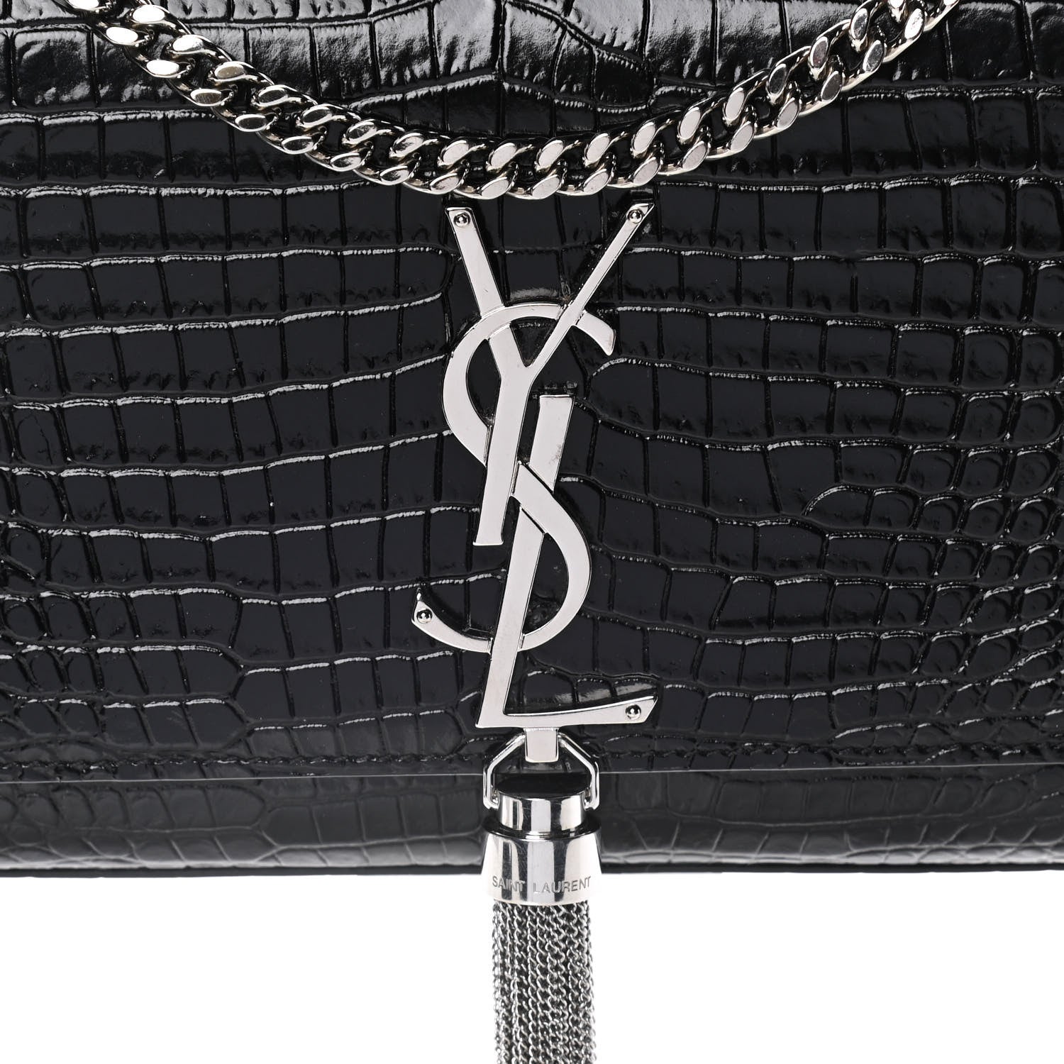 Saint Laurent Calfskin Crocodile Embossed Small Classic Monogram Kate Tassel Satchel Black 8 of 12