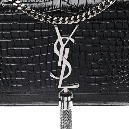 Saint Laurent Calfskin Crocodile Embossed Small Classic Monogram Kate Tassel Satchel Black 8 of 12