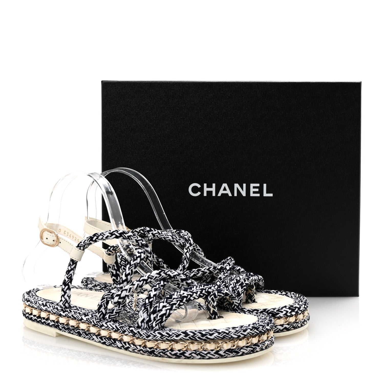 Chanel Cord Lambskin Quilted Logo Sandals 39 Navy Blue White 10 of 10