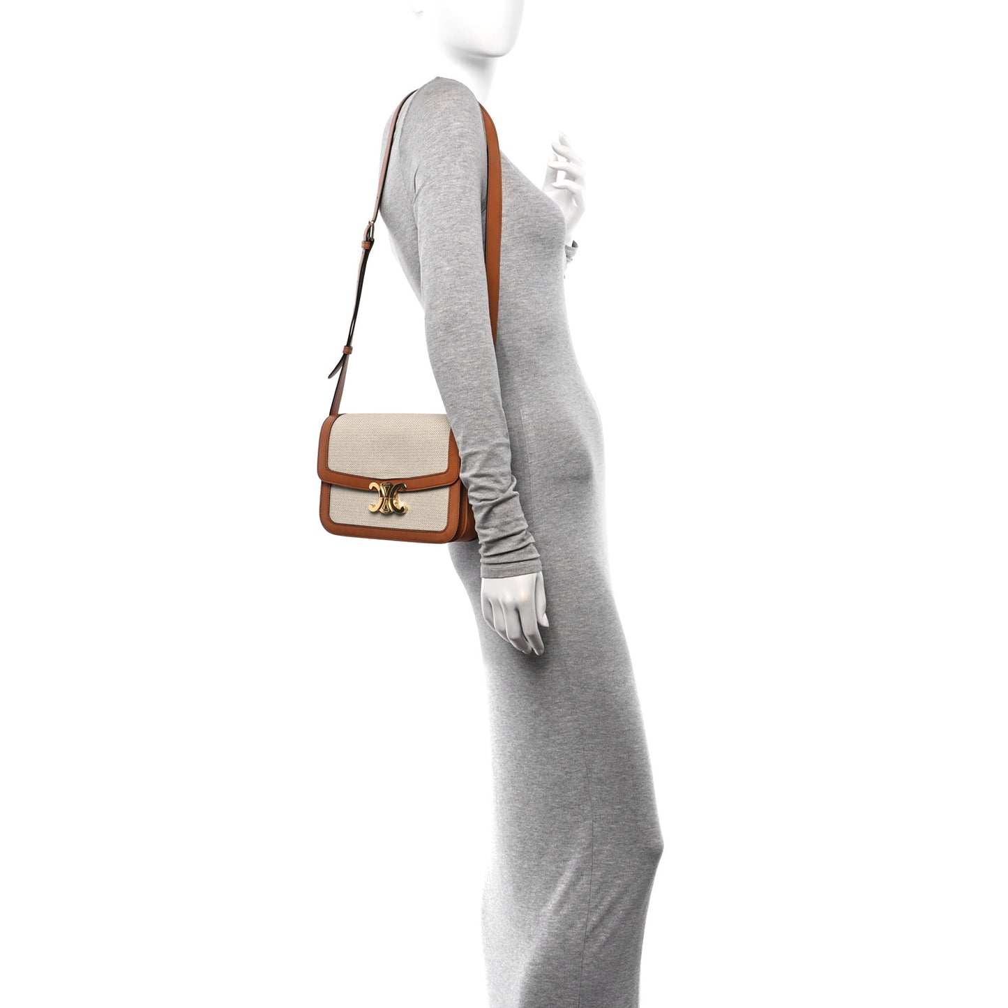 Canvas Calfskin Medium Classique Triomphe Bag White Tan