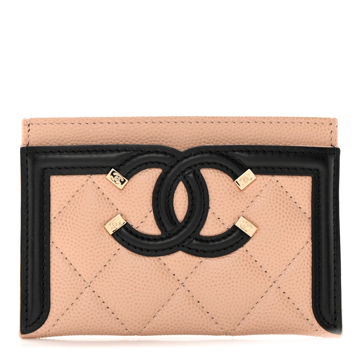 Caviar Quilted Filigree Card Holder Beige Black