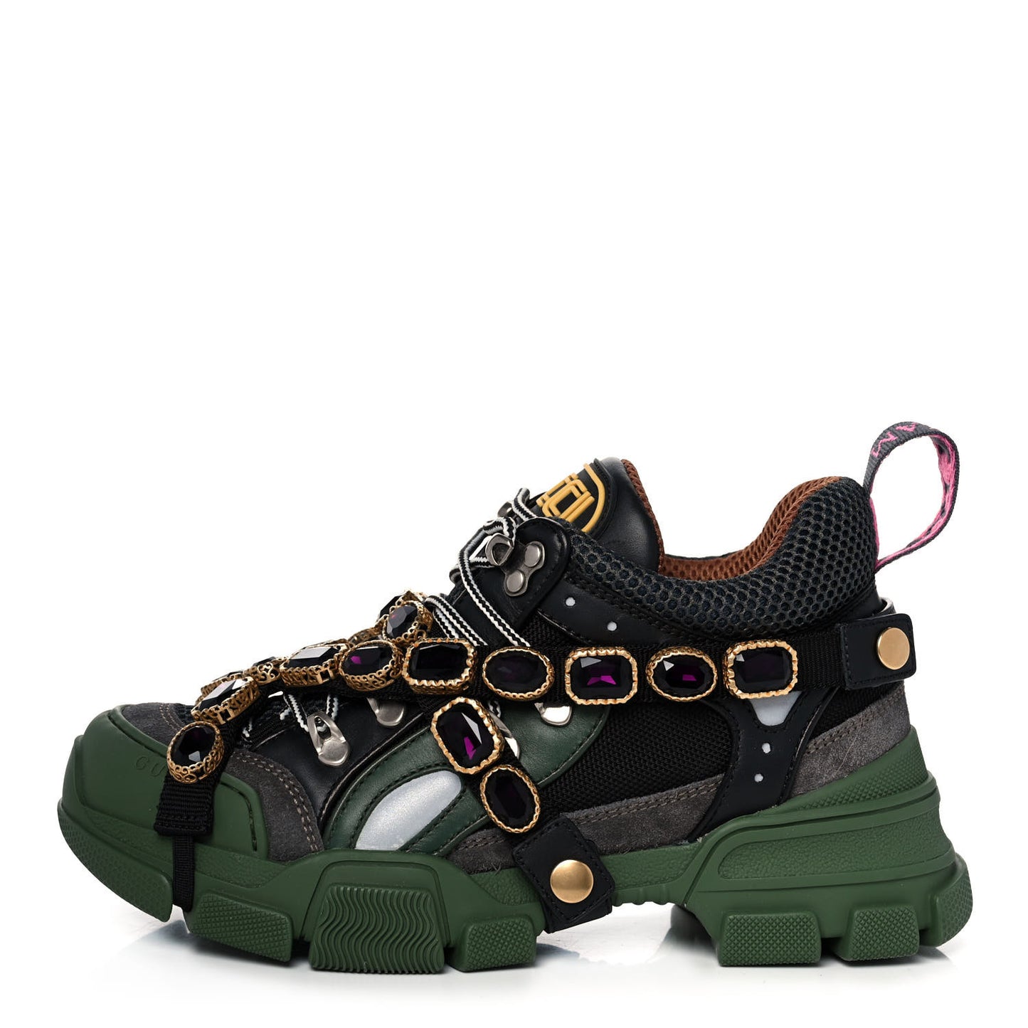 X SEGA Mesh Suede Calfskin Removable Crystals Flashtrek Sneakers 37.5 Loess Black Olive Green