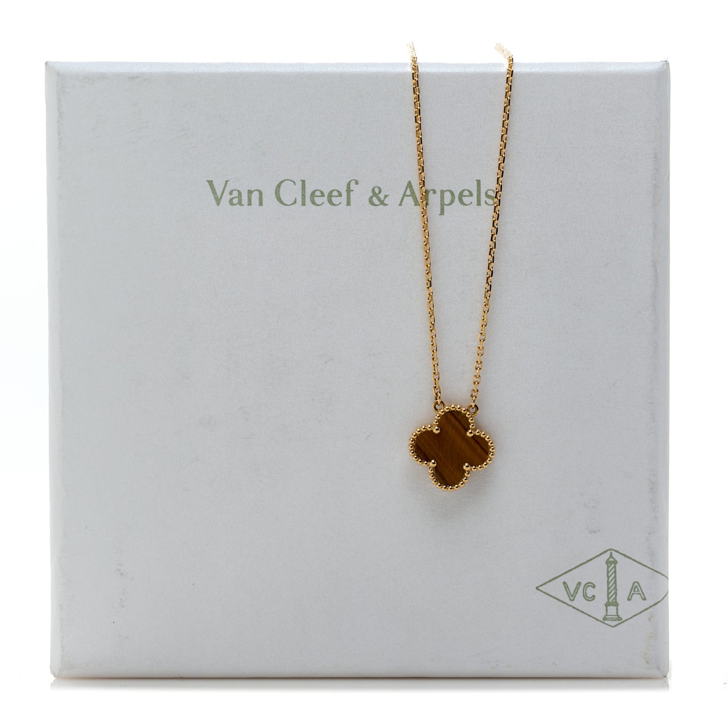 18K Yellow Gold Tiger Eye Vintage Alhambra Pendant Necklace