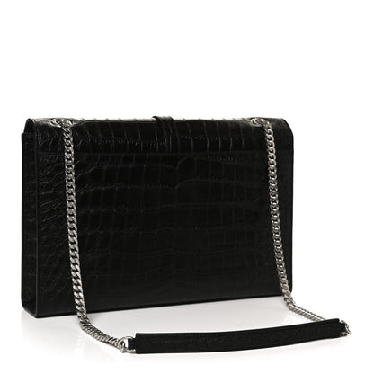 Saint Laurent Calfskin Crocodile Embossed Monogram Large Satchel Black 3 of 11