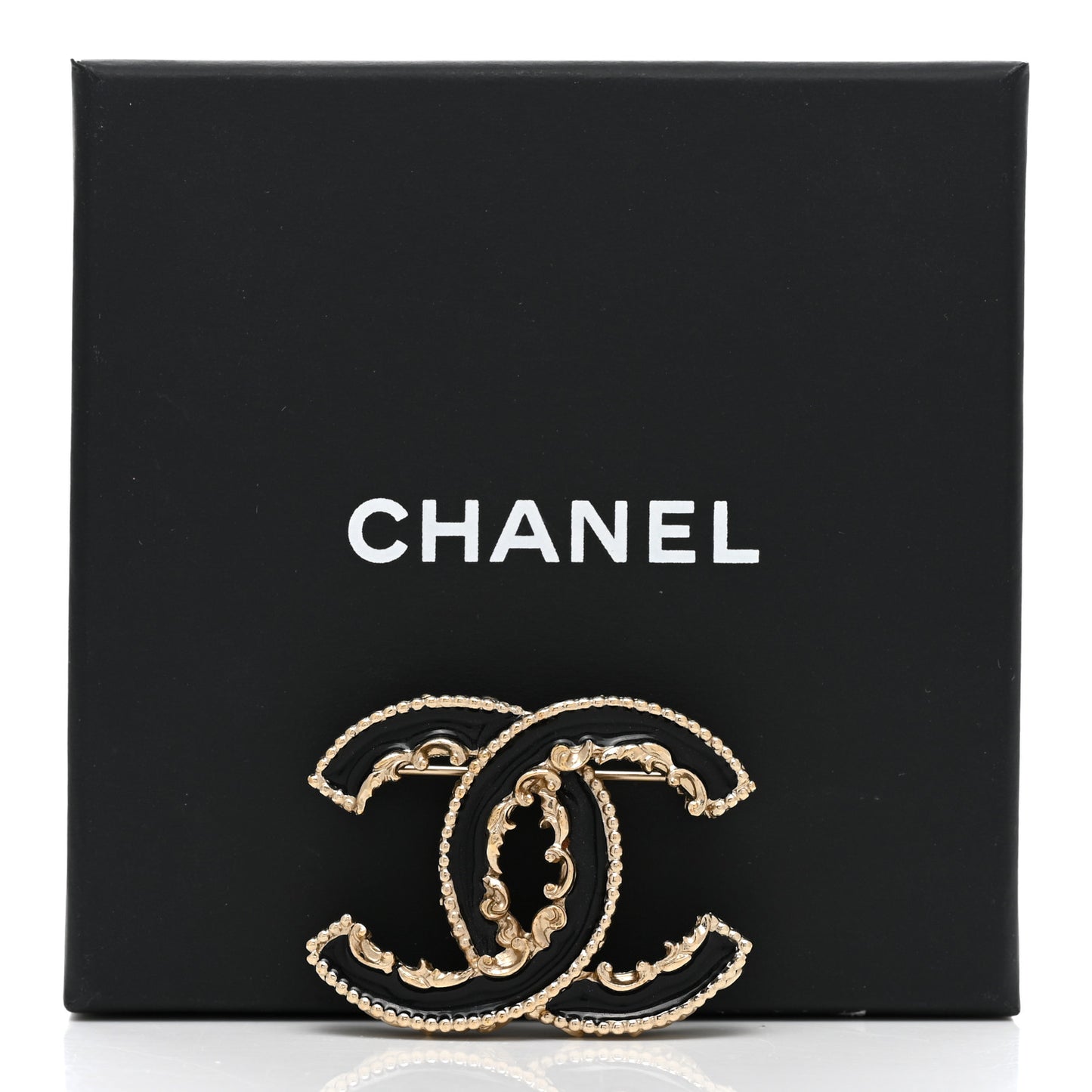 Enamel CC Baroque Brooch Black Gold
