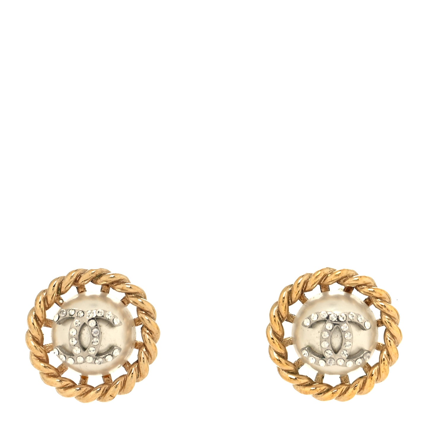 Pearl Crystal CC Round Earrings Gold