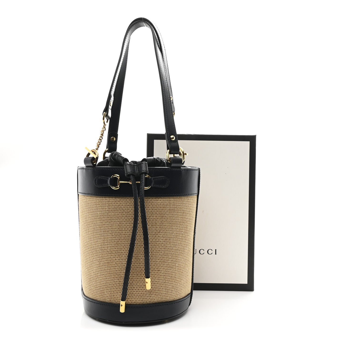 Canvas Calfskin Small Horsebit 1955 Drawstring Bucket Bag Natural Black
