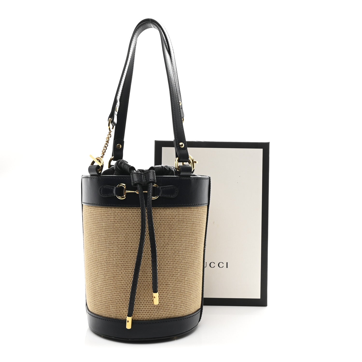 Gucci Canvas Calfskin Small Horsebit 1955 Drawstring Bucket Bag Natural Black 11 of 11