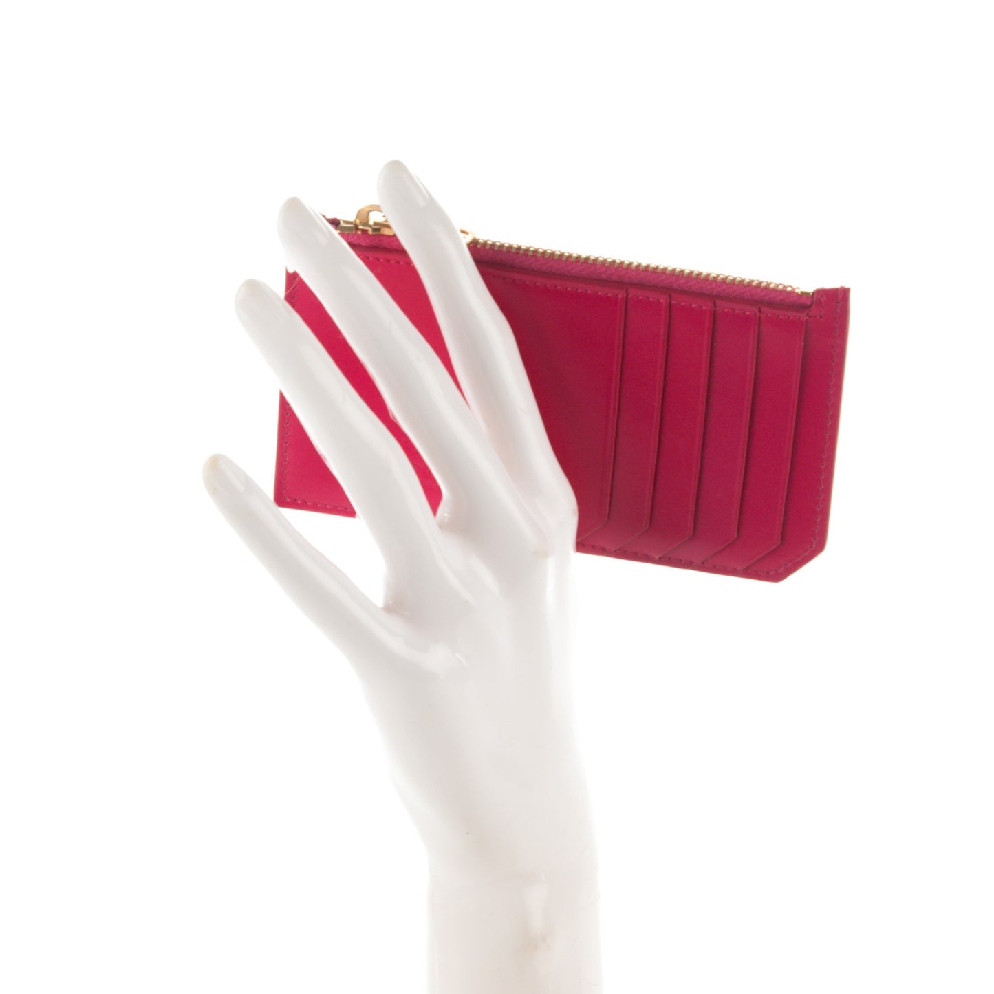 Calfskin 5 Fragments Zip Pouch Card Holder Lipstick Fuchsia