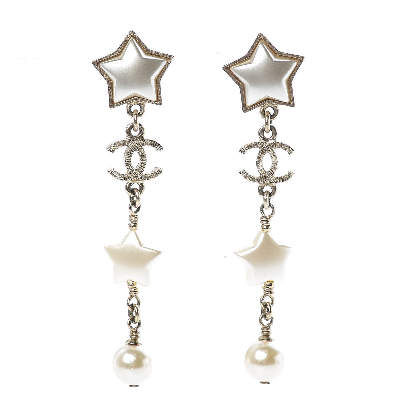 Metal Resin Pearl CC Star Dangle Earrings Gold