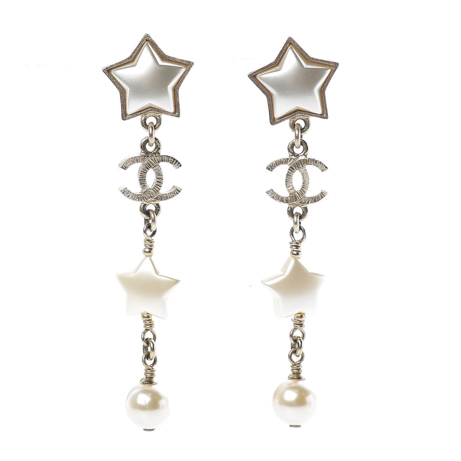 Chanel Metal Resin Pearl CC Star Dangle Earrings Gold 1 of 4