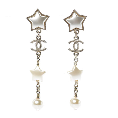 Chanel Metal Resin Pearl CC Star Dangle Earrings Gold 1 of 4