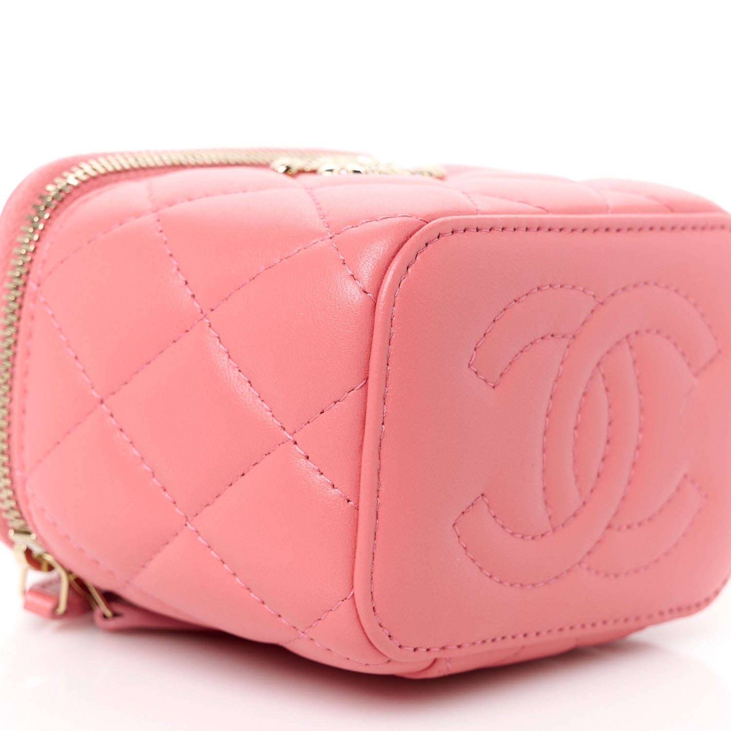 Chanel Lambskin Quilted Crystal Top Handle Mini Vanity Case With Chain Coral 9 of 11