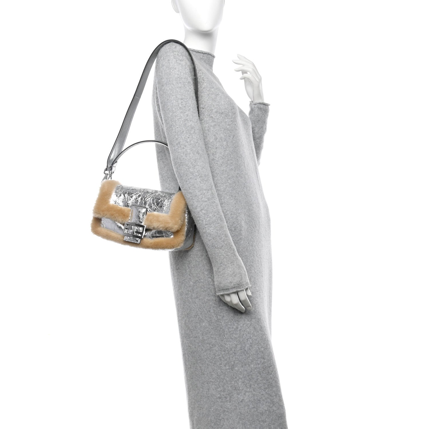 Fendi Craquele Lambskin Sheepskin Fur Baguette Argento 2 of 10