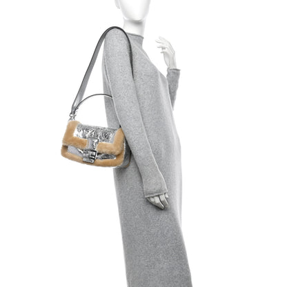 Fendi Craquele Lambskin Sheepskin Fur Baguette Argento 2 of 10