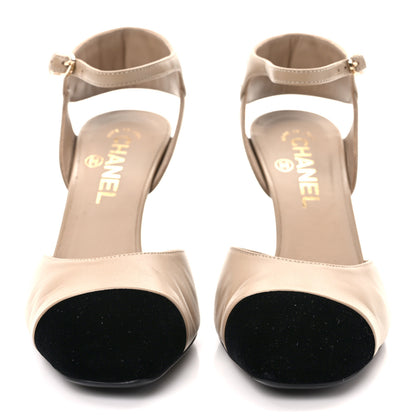 Chanel Lambskin Velvet Cap Toe Logo Pumps 38.5 Beige Black 3 of 9