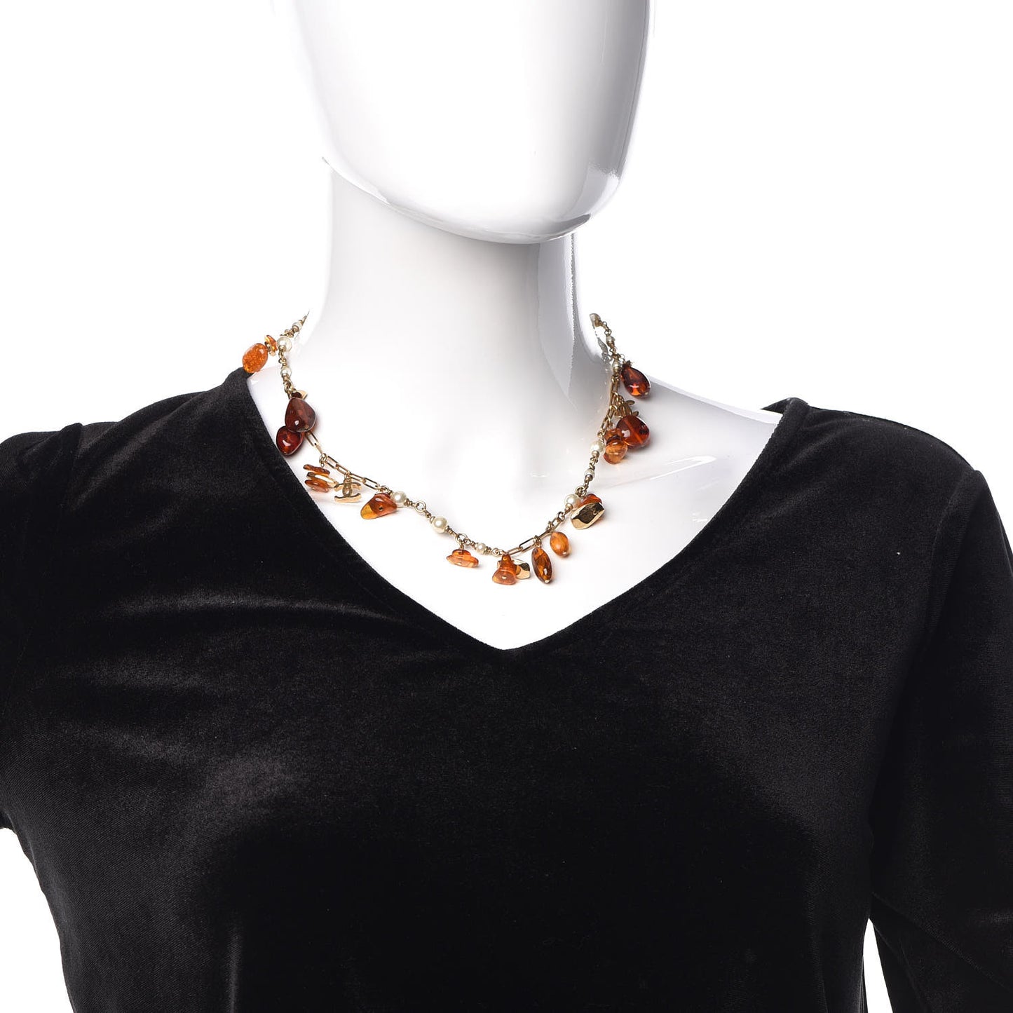 Pearl Beaded CC Necklace Orange Gold