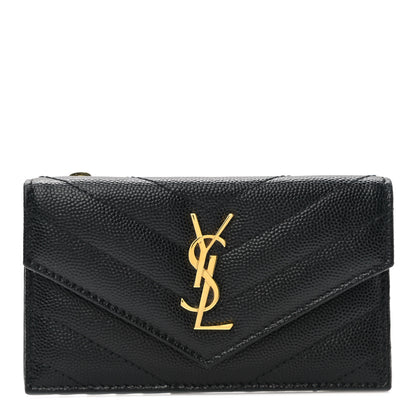 Saint Laurent Grain De Poudre Matelasse Chevron Monogram Fragments Zippered Card Case Black 1 of 8