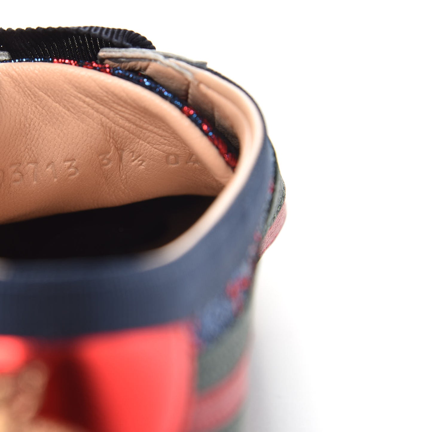 Lurex Calfskin Web GG Monogram Womens Falacer Sneakers 37.5 Iridescent Blue Iridescent Red Silver