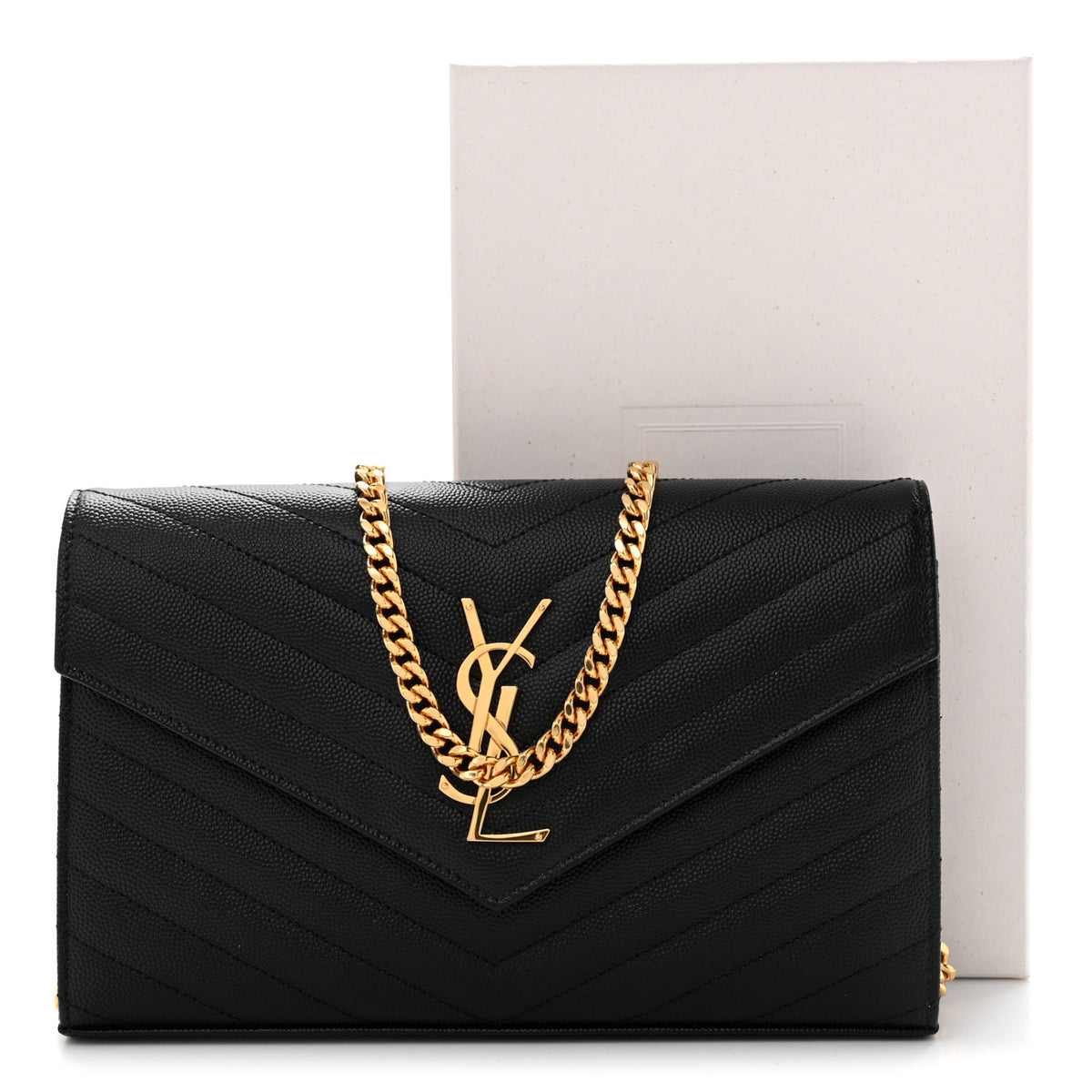 Saint Laurent Grain De Poudre Matelasse Chevron Monogram Chain Wallet Black 26 of 27
