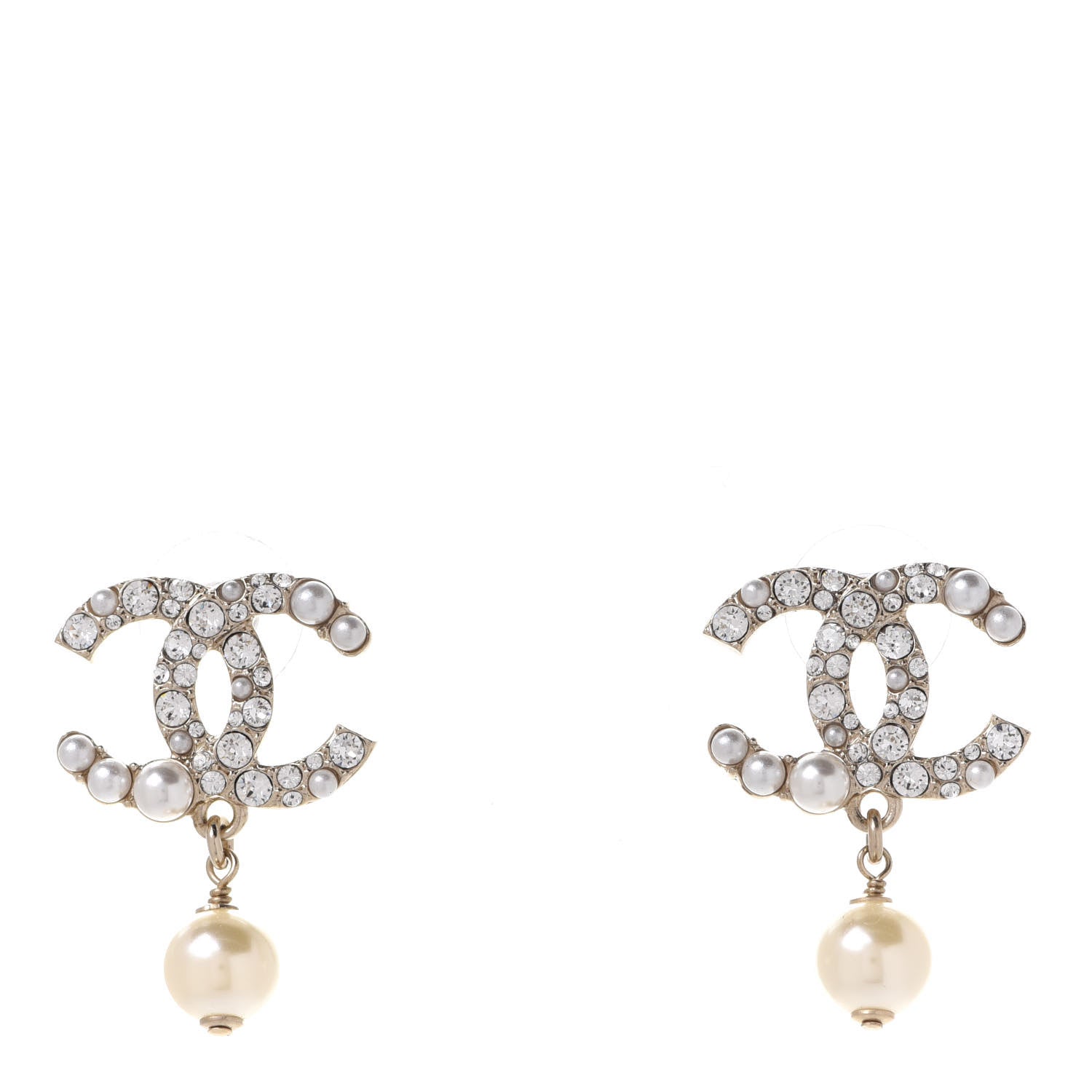 Chanel Crystal Pearl CC Drop Earrings Gold 1 of 5