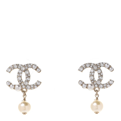 Chanel Crystal Pearl CC Drop Earrings Gold 1 of 5
