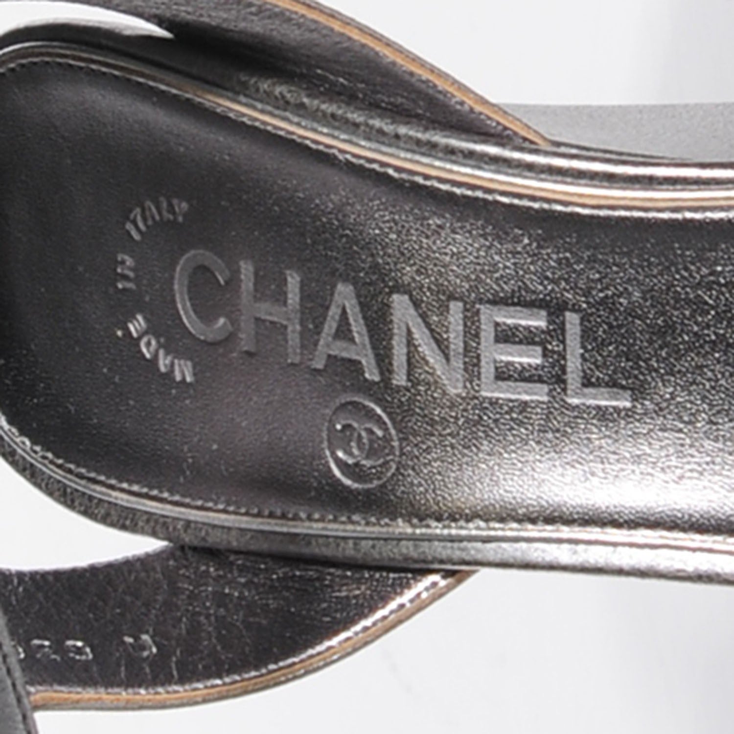 Chanel Metallic Calfskin Pearl Wedge Sandals 37.5 Dark Silver 8 of 8